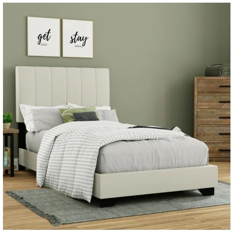 Reece Channel Stitched Upholstered Twin Bed Ivory Color Modern Design for Comfortable Sleep