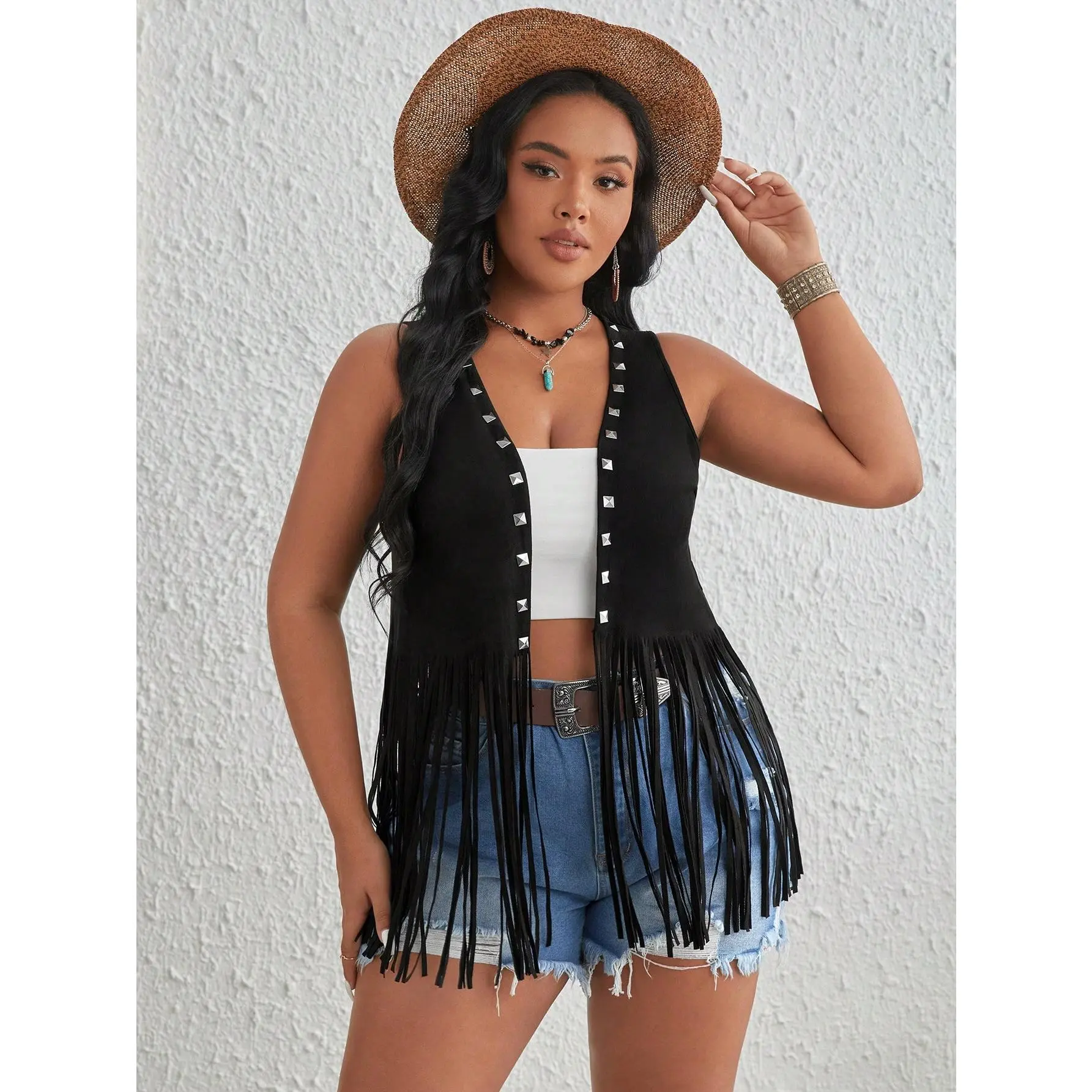 Plus Size Fringe Trim Studded Detail Open Front V Neck Suede Boho Vest Jacket Concert Outfits