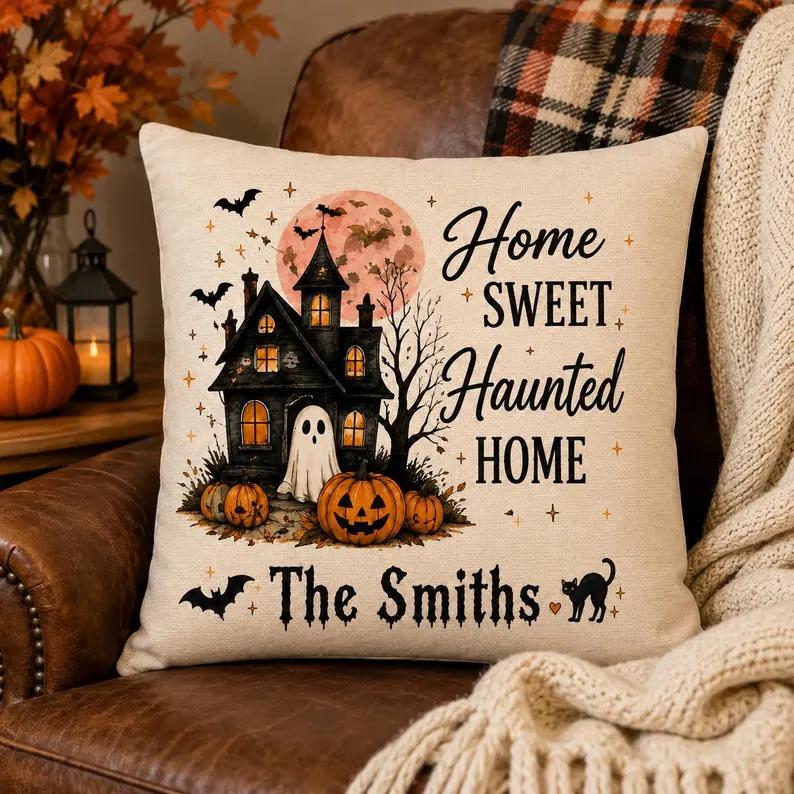 Personalized Halloween Velvet Pillow Cover, Double-Sided Ghost Motifs, Zippered, Washable Fabric, Living Room Decorations, Halloween Party & Indoor Use Accent (Home Sweet Haunted Home Theme)