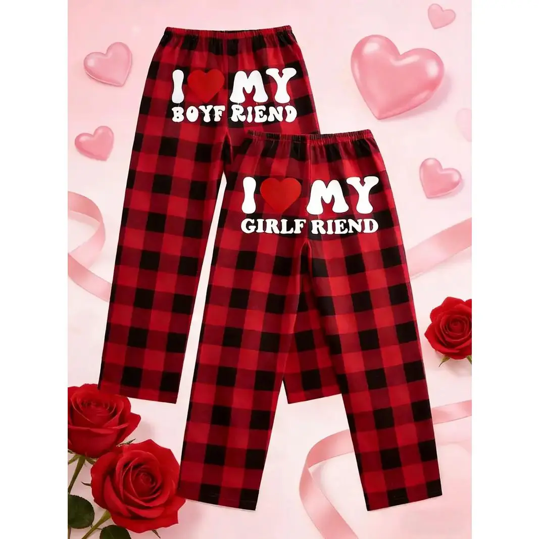 Couples Plaid Pajama Pants, Matching Heart Lounge Pants, Unisex Sleepwear, Cozy Couple Pajamas, Romantic Gift for Boyfriend Girlfriend, Valentine Gift