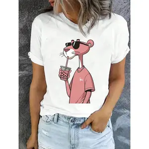 Women's  Graphic T-Shirt,  Panther Drinking Boba Bubble Tea Soft  Casual Tee For Summer Brunch, Gift For Girls Who Love Whimsical Prints - Relaxed Fit, Lightweight, Pairs With Jeansstreetwear, shop deals, summer outfits, guys gifts, summer clothes,