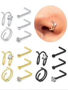 Unisex S-Shaped Cubic Zirconia Nose Ring, Spiral Nose Ring, Stainless Steel L-Type Studs, Plain Design Body Piercing Jewelry for All Seasons
