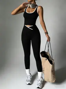New Women's Sports Set Gym Yoga Two-Piece, Gym Yoga Clothing, Casual Gym Wear, Fashionable Colorblock Comfortable Breathable Activewear, Sleeveless Top & Long Pants