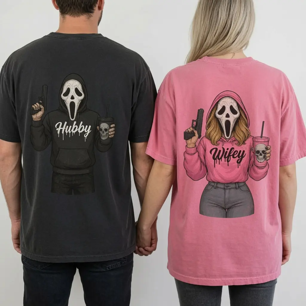 Comfort Colors Hubby & Wifey Ghost Mask Couple T-Shirts, Matching Couples Ghost Tee, Couples Halloween Tee, Couples Spooky Season, Spooky Couples Tee, Matching Halloween Shirt, Full Size, Full Color