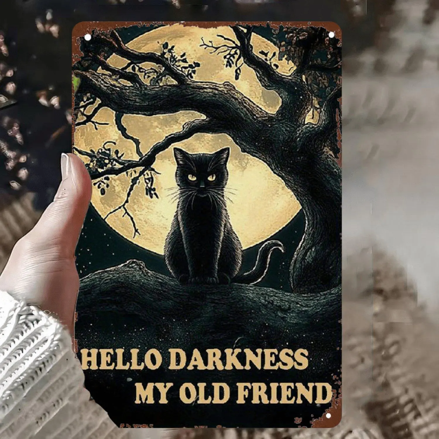 Metal Wall Art Piece Featuring a Gothic B Cat And a Full Moon, Measuring 8.0X12.0 inch. This Vintage Witch-Themed Night Scene Includes The Phrase 'Darkness My Friend' And a Silhouette of a Black Kitten, for Halloween
