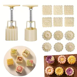 Mooncake Mold Set Includes 2 Molds & 12 Stamps Flower Round Square Cookie Molds DIY Hand Press Stamp Baking Tools Mid-Autumn Festival Party