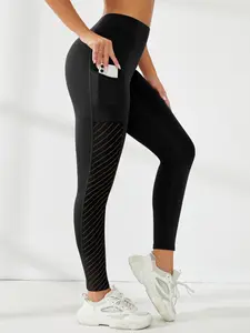 Women's Yoga Leggings with Mesh Inserts, Breathable Leggings, Wide Waistband, Phone Pocket, Perfect for Fitness and Daily Wear