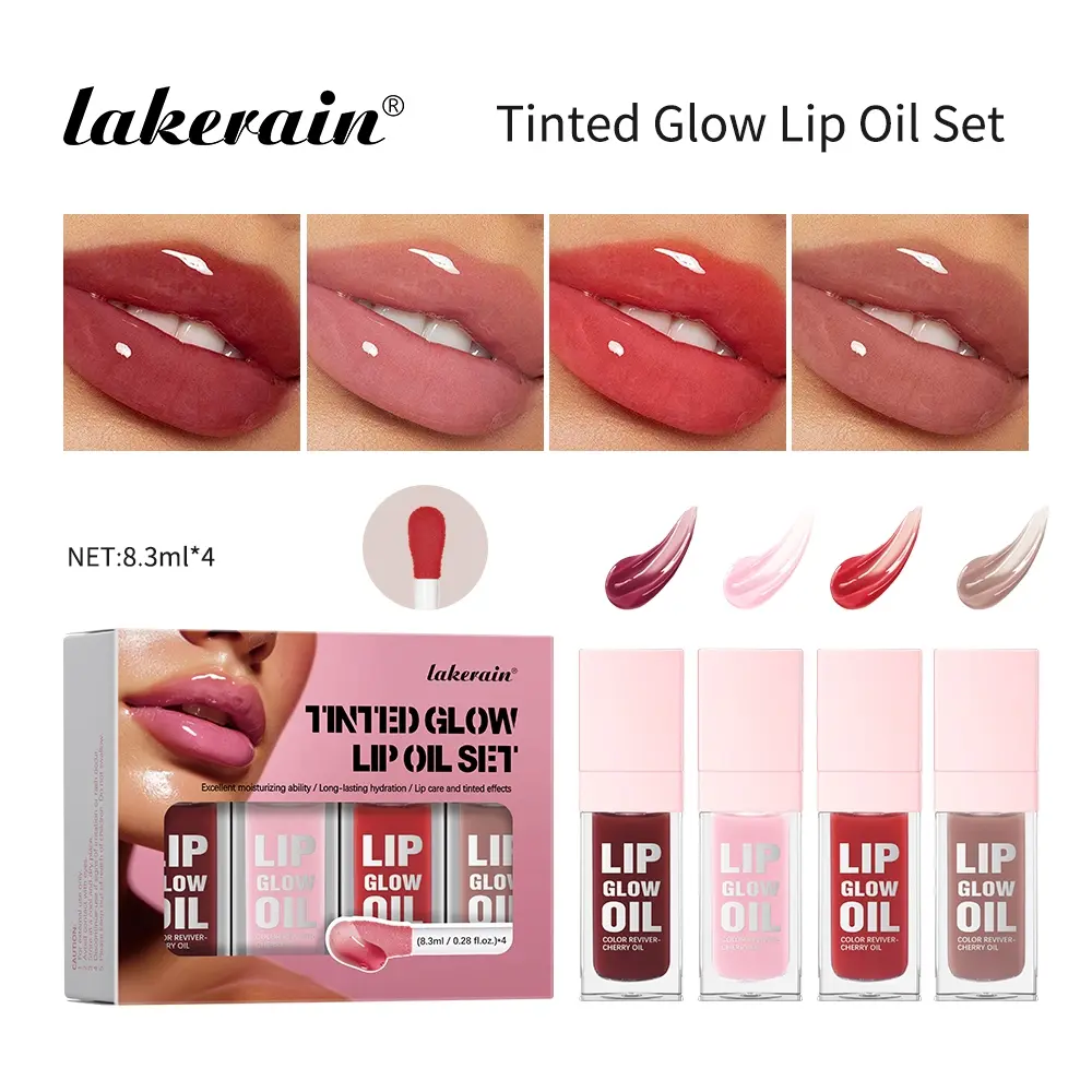 Moisturizing Tinted Lip Oil Kit, Lip Care Makeup Nourishing Hydrating Lip Moisturizer Gloss with Sheer Color, Reduces Fine Lines & Enhances Lip Volume, Glossy Watery Shine, Long-Lasting Hydration (4 Shades)