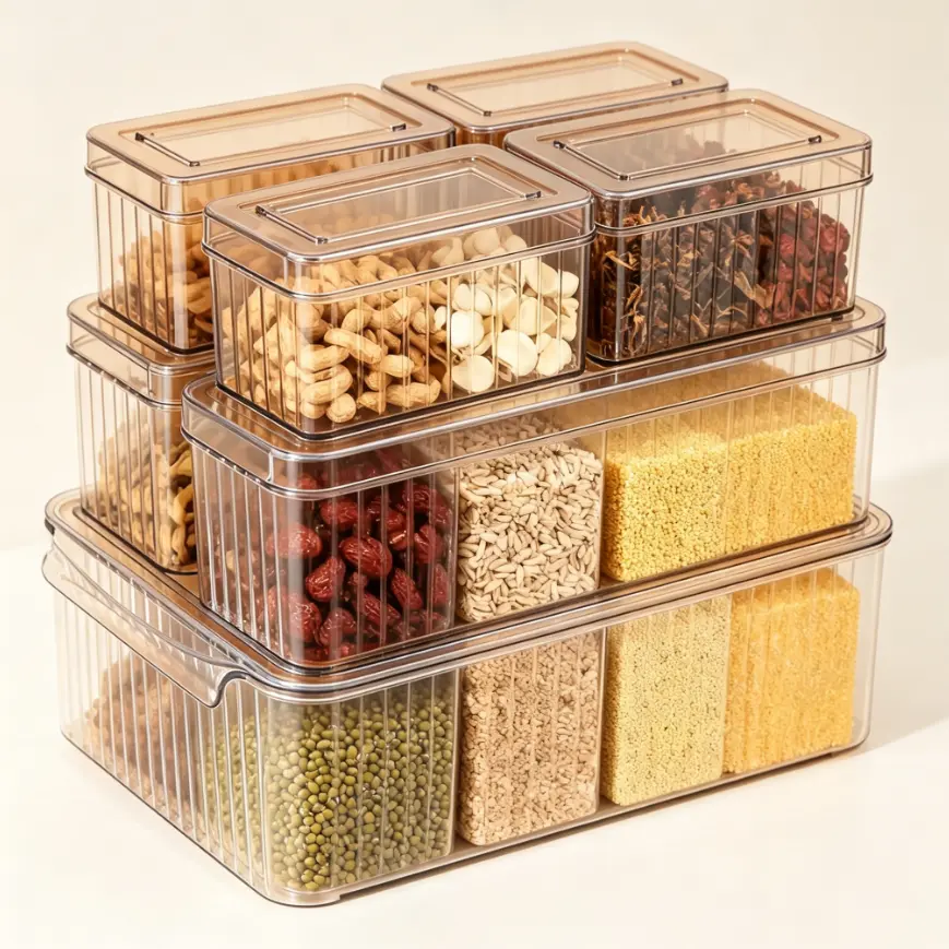 7-Piece Clear Kitchen Storage Containers Set, Stackable Food Organizer Boxes with Lids, BPA-Free Pantry Storage for Cereal, Rice, Beans, Snacks, Fridge and Countertop Organization