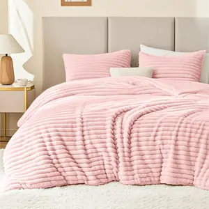 Fluffy Comforter Set  Size - Super Soft Faux  Stripe Jacquard Comforter 3 count,  Fleece Bedding Set,Winter Warm Bed Set,1 Comforter with 2 Pillowcases