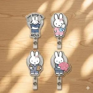 Cute Bunny Rabbit Health Sparkly Retractable Badge Reel Kawaii ADLs Assistant Baby Brain Acrylic ID Holder For OT SLP Nurse Pediatric Gift