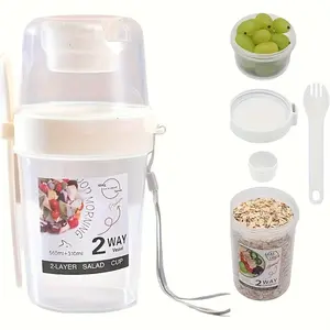 2-in-1 Salad Meal Shaker Cup, Suitable for Yogurt, Salad, Ice Cream, Fruits, Jelly, and Beverages. Portable Fruit and Vegetable Salad Cup Container with Fork and Salad Dressing Holder. Also Functions as a Top Cereal or Oatmeal Container. Made of