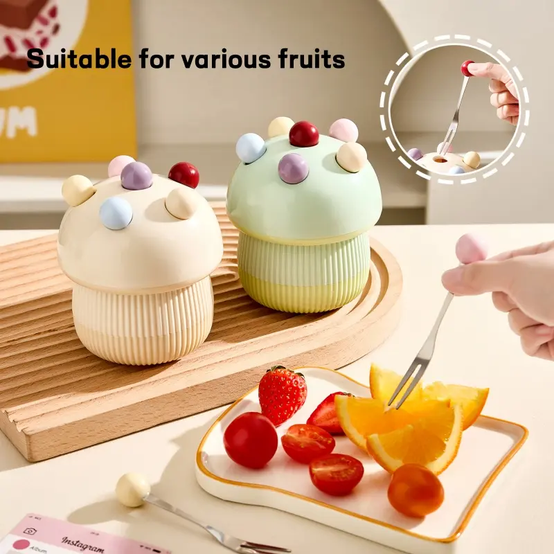Reusable Food-Grade Stainless Steel Fruit Forks with Ornate Mushroom Design Ceramic Holder, Dishwasher-Safe Household Tableware Set for Home Dining, Birthday Party