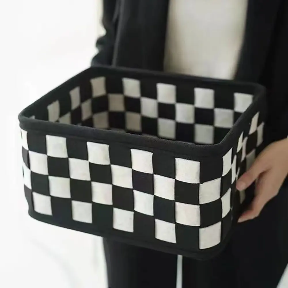 Black and White Checkered Felt Storage Multipurpose Basket Bin Desktop Cosmetics Storage Organizer Snack and Toy Storage Basket Minimalist Ins Style Home Decor