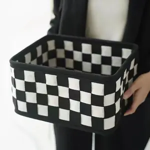 Black and White Checkered Felt Storage Basket Desktop Cosmetics Storage Organizer Snack and Toy Storage Basket Home Decor