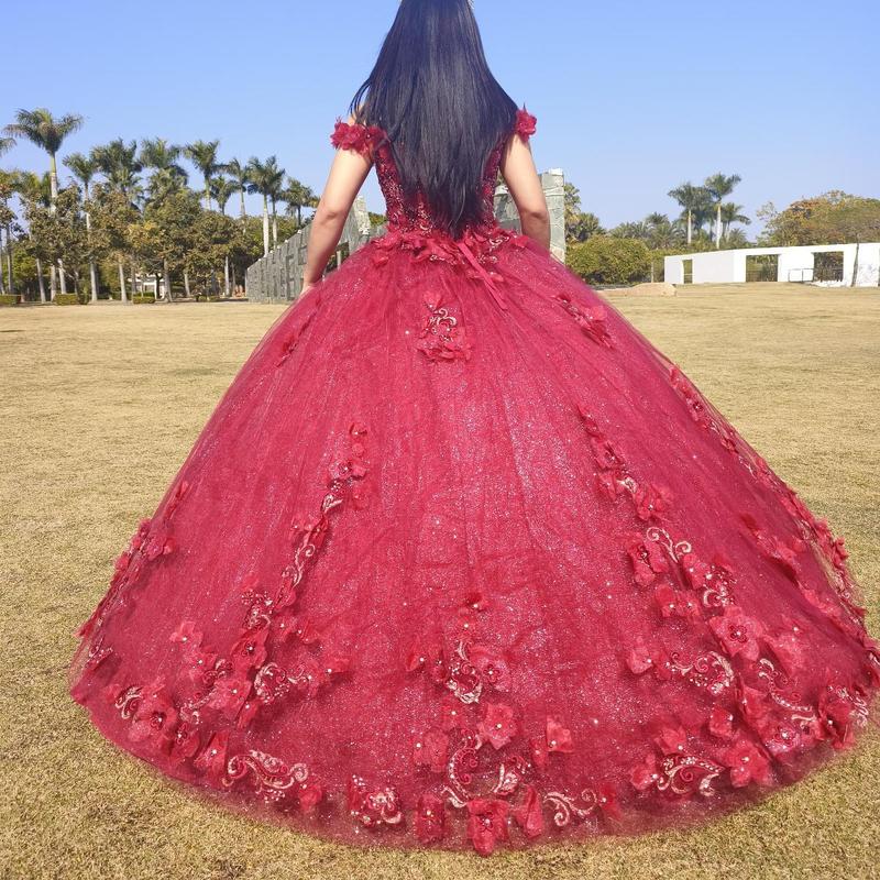 NO.34 Flowers and Metallic Lace Sparkle Tulle Quinceañera Dress schiaparelli  wedding dress white charro  dress club cocktail plus  size mini tube plain mature blue dress quince Sequins Off-Neck sequin dress Womenswear Formal party maxi