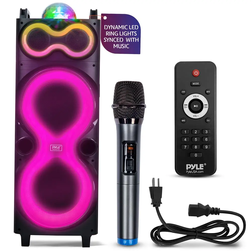 Portable Wireless Bluetooth Party Speaker with Handle - 240W Powerful Bass, Dual 10" Stereo Audio Drivers, LED Lights, Digital Karaoke, Radio Receiver, Rechargeable, Remote Control, Power Cable, Smart Device Streaming, Karaoke Setup