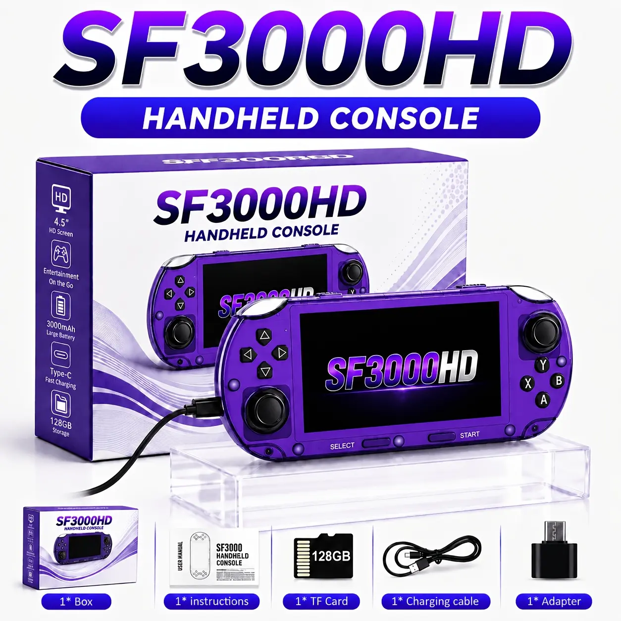 SF3000HD Portable Handheld Game Player 4.5" IPS Screen 128GB Retro Video Game Console, Long Battery Life, Dual Analog Sticks, Perfect for Gaming Enthusiasts, Best Men's Birthday Gift Set, Christmas Gift