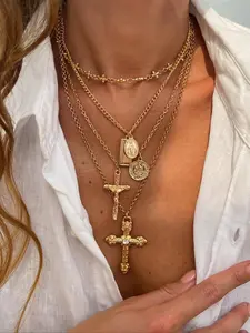 4-Piece Vintage Metal Geometric Circle Pendant Layered Necklace Set, Women's Punk Style Jesus Cross Pendant Jewelry, Unique Fashion Accessories