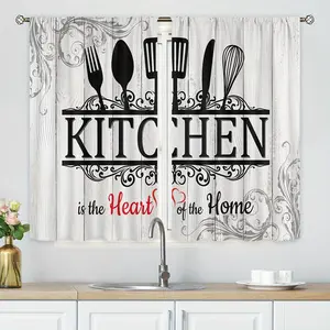 2pcs Stylish Kitchen Curtains for a Farmhouse Look - Featuring Black And White Colors with Playful Sayings, a Design of Wooden Utensils, And a Rod Pocket Style Suitable for Home Decoration in The Kitchen, Café, Office, Living Room, Bedroom