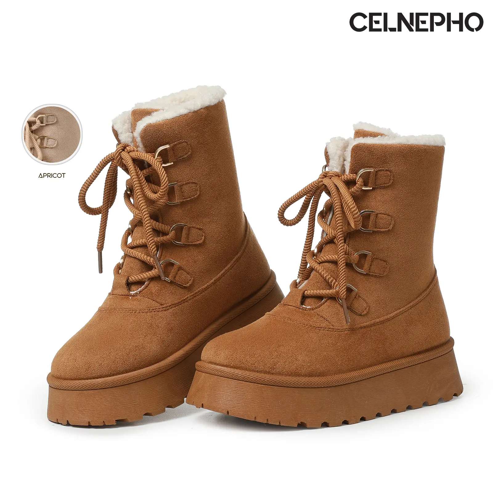 CELNEPHO Ankle Boots for Women Round Toe Chunky Platform Heel Fur Lined Warm Padded Fashion Boot Easy Pull on Lace Up Design Outdoor Comfy Sport Casual Date Travel Walking Trendy Dress Shoes