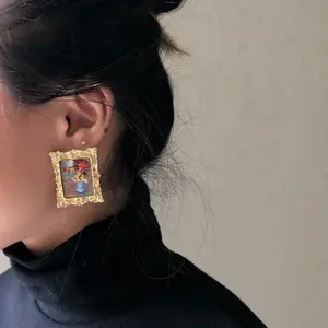 Gold framed earrings.oil painting earring.masterpiece.aesthetic earrings.abstract painting. Egirl.mindfulness gift.handmade jewelry