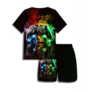 Kids Gaming Pajamas Set, Boys Short Sleeve T - shirt & Shorts with Colorful Game Controller Print, Sleepwear/Loungewear