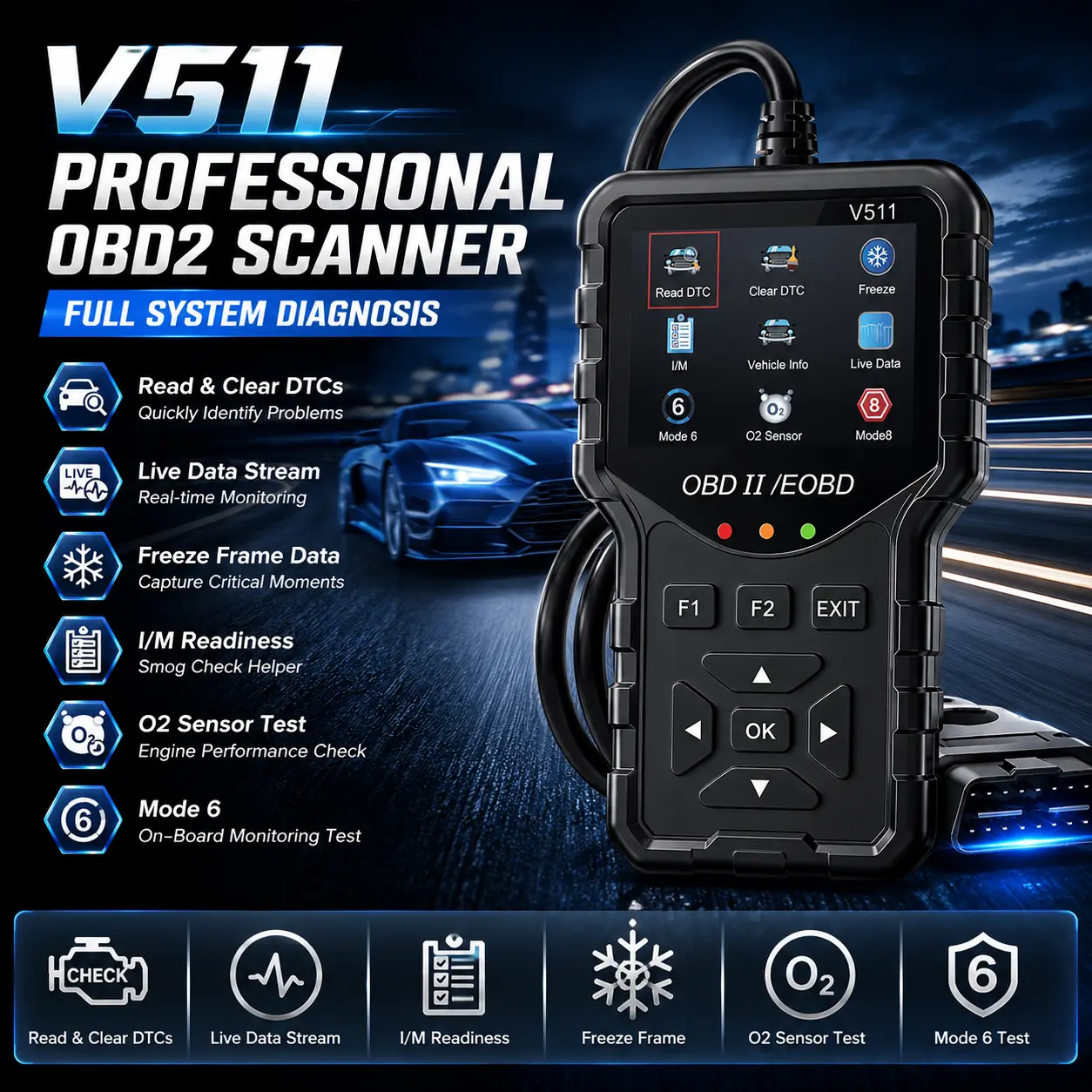 V511 OBD2 Scanner Live Data Professional Mechanic OBDII Diagnostic Code Reader Tool For Check Engine Light #Summervibes