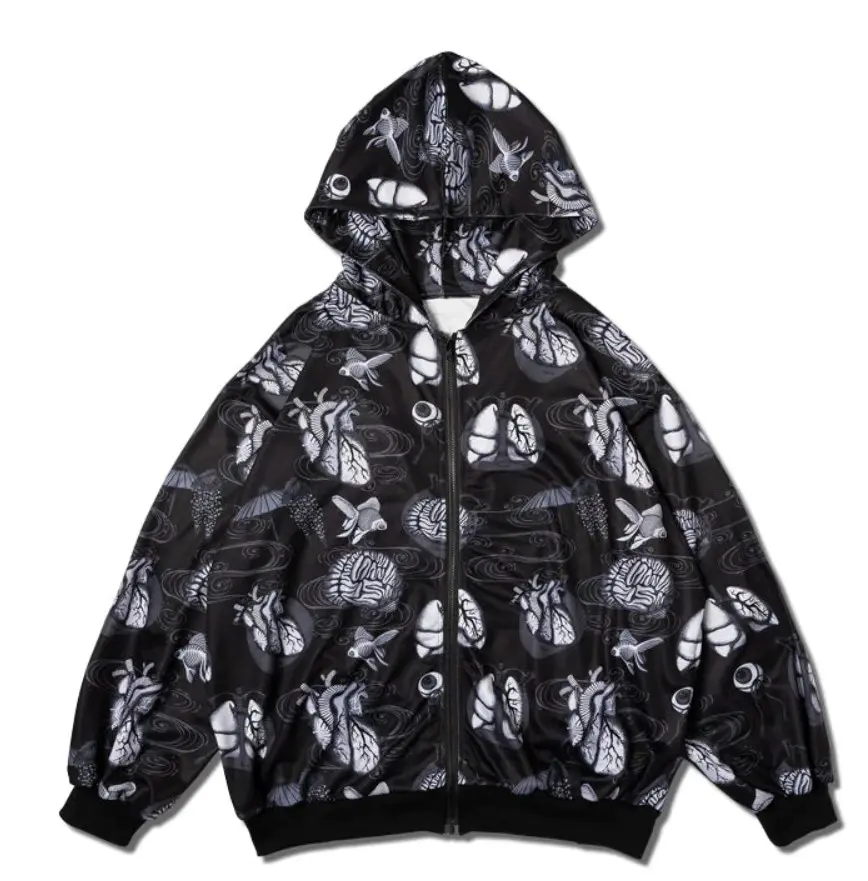 Harajuku style sea creatures graphic black and white zip hoodie