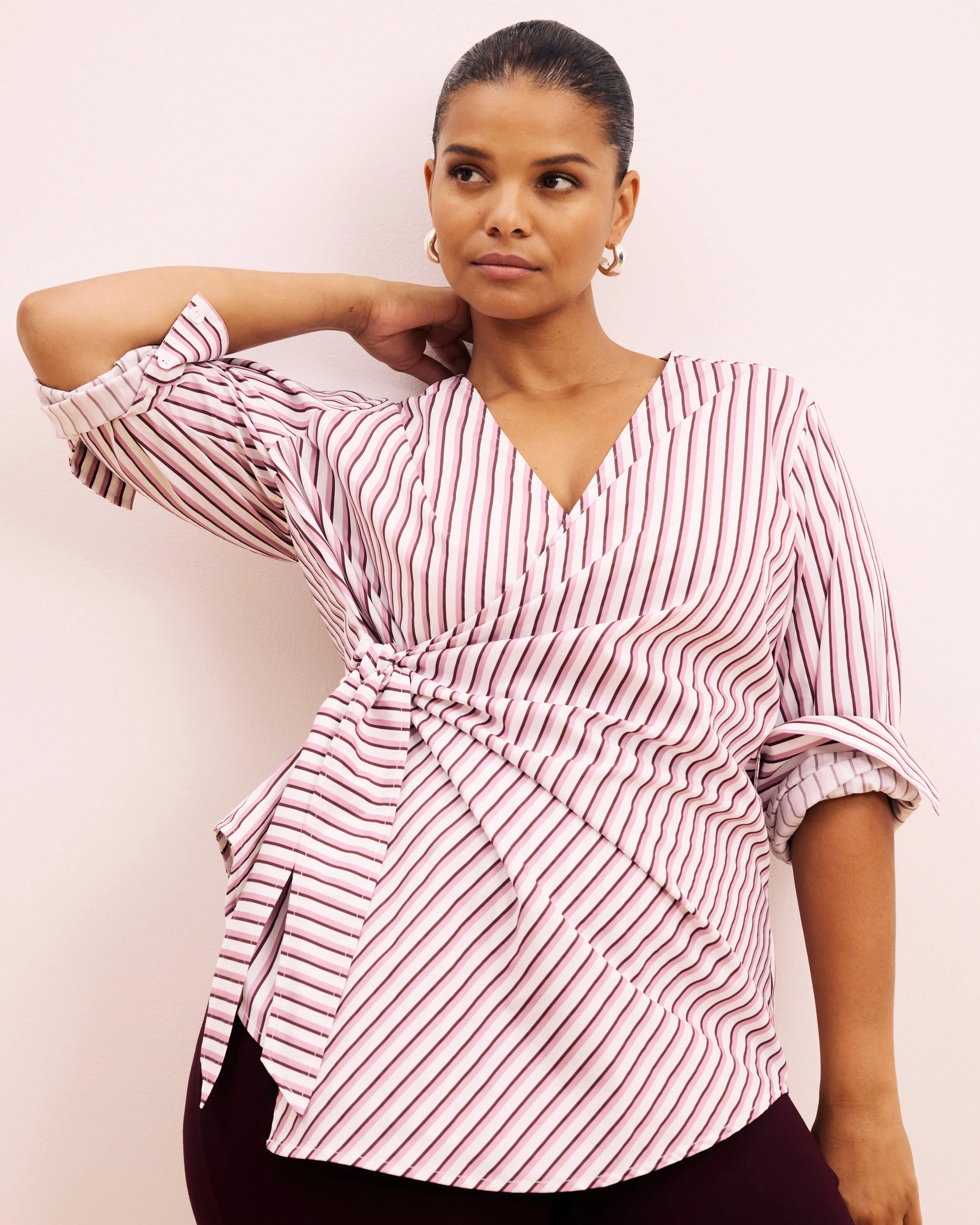 Women's V-Neck Wrap Blouse in Lilac Multi-Stripe Stretch Cotton Poplin with a Sculptural Side Knot for an Elevated Casual Style, Shirt, Comfy Casual, Going Out, Dress Casual