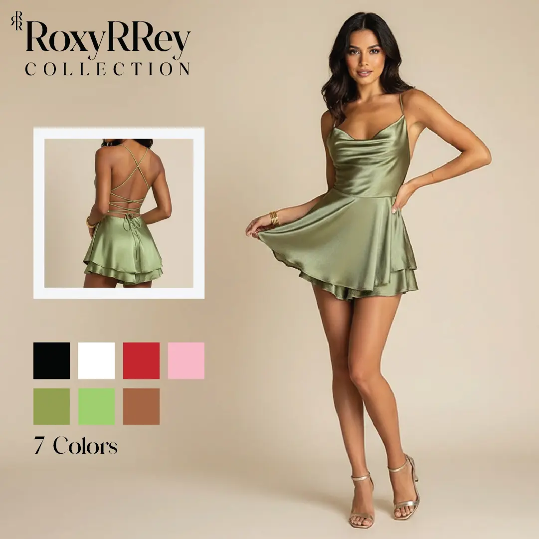 Sage Green Satin-Look Cowl Neck Backless Skater Romper Dress date night casual cute sexy comfy tea time