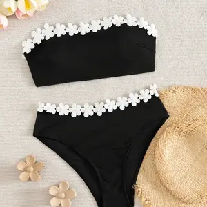 ZAFUL Black Floral Bikini Set Women’s Beach Vacation Sexy Lace Strapless Swimsuit with Body Shaping and Elegant Style