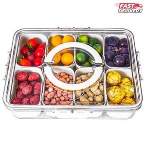 Divided Serving Tray with Lid and Handle - Snackle Box Charcuterie Container for Portable Snack Platters - Clear Organizer for Candy, Fruits, Nuts, Snacks - Perfect for Party, Entertaining