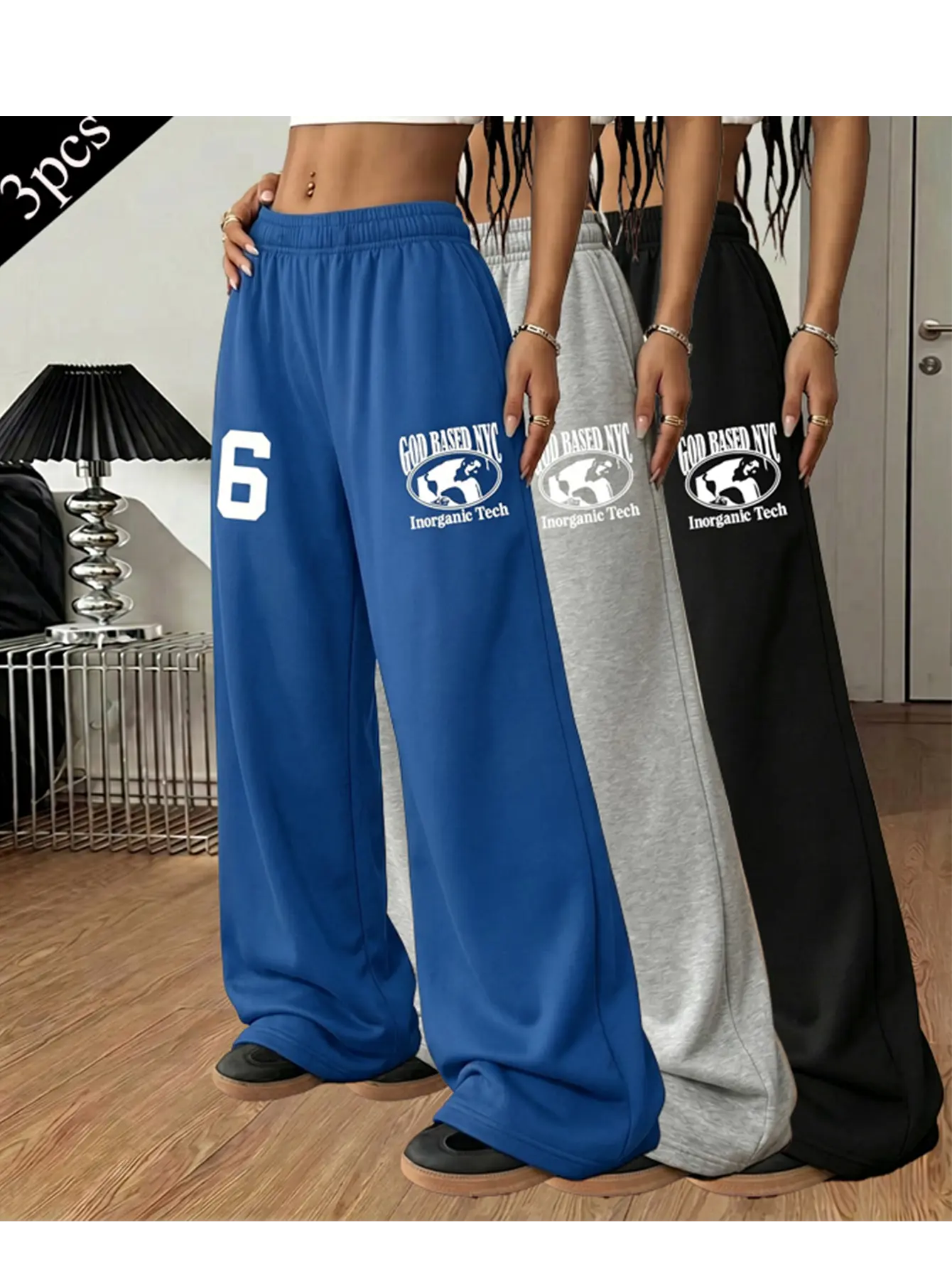 American retro casual wide-leg sweatpants with “Number 6” print, drapey floor-length design, slimming casual athletic pants
