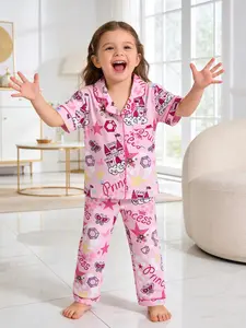 Girls' Summer Pyjamas Set, Pajama Outfit, Cute Cartoon Pattern Design, Loose Fit Short Sleeve Long Pants, Pajamas Sleepwear, Perfect for Home Comfort Nights