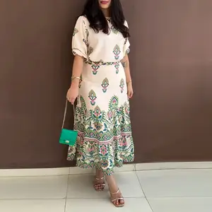 ChicMe Women's 2 Pieces Outfit Tribal Print Short Sleeve Top and Casual Ruffles Hem Skirt Set