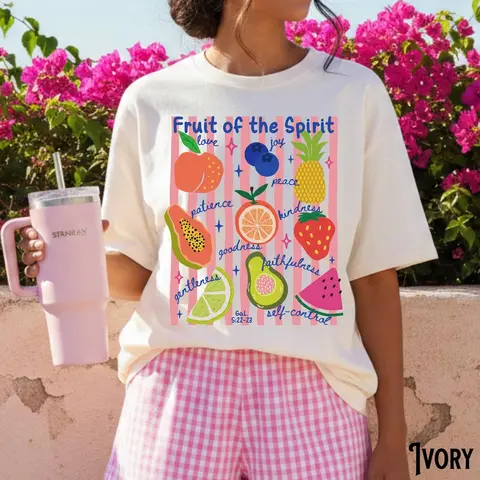 Women's Fruit of the Spirit Christian Crew Neck T-Shirt - Casual Boho Stripe Graphic Top with Bible Verse, Smooth Cotton Seamless Fitted Soft Cold Wash All Seasons Custom Made Religious Gift