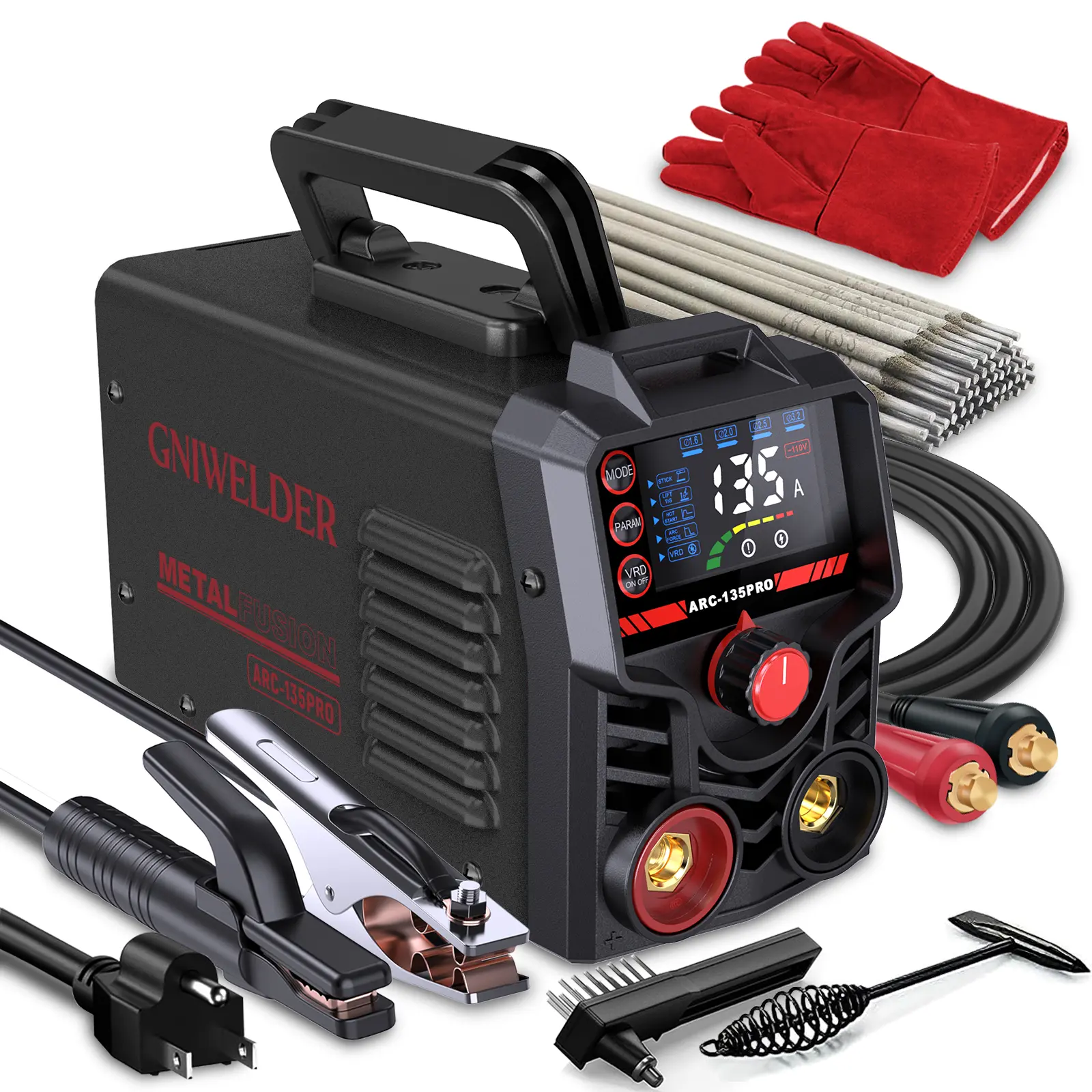 GNIWELDER 110V Stick Welder, Portable Mini ARC Welding Machine with E6013 Welding Rods, Pure Copper Power Cord, 2M Welding Leads, Large LED Display, Smart Rod Match, Hot Start, Arc Force, Anti-Stick & VRD for Home DIY(Black)