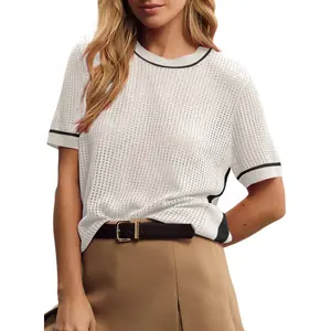 Dokotoo Womens Juniors Spring Summer Crochet Hollow Out Sweaters Tops 2026 Crewneck Short Sleeve Pullover Shirt Lightweight Knit Tops Blouse Crewneck Sweater