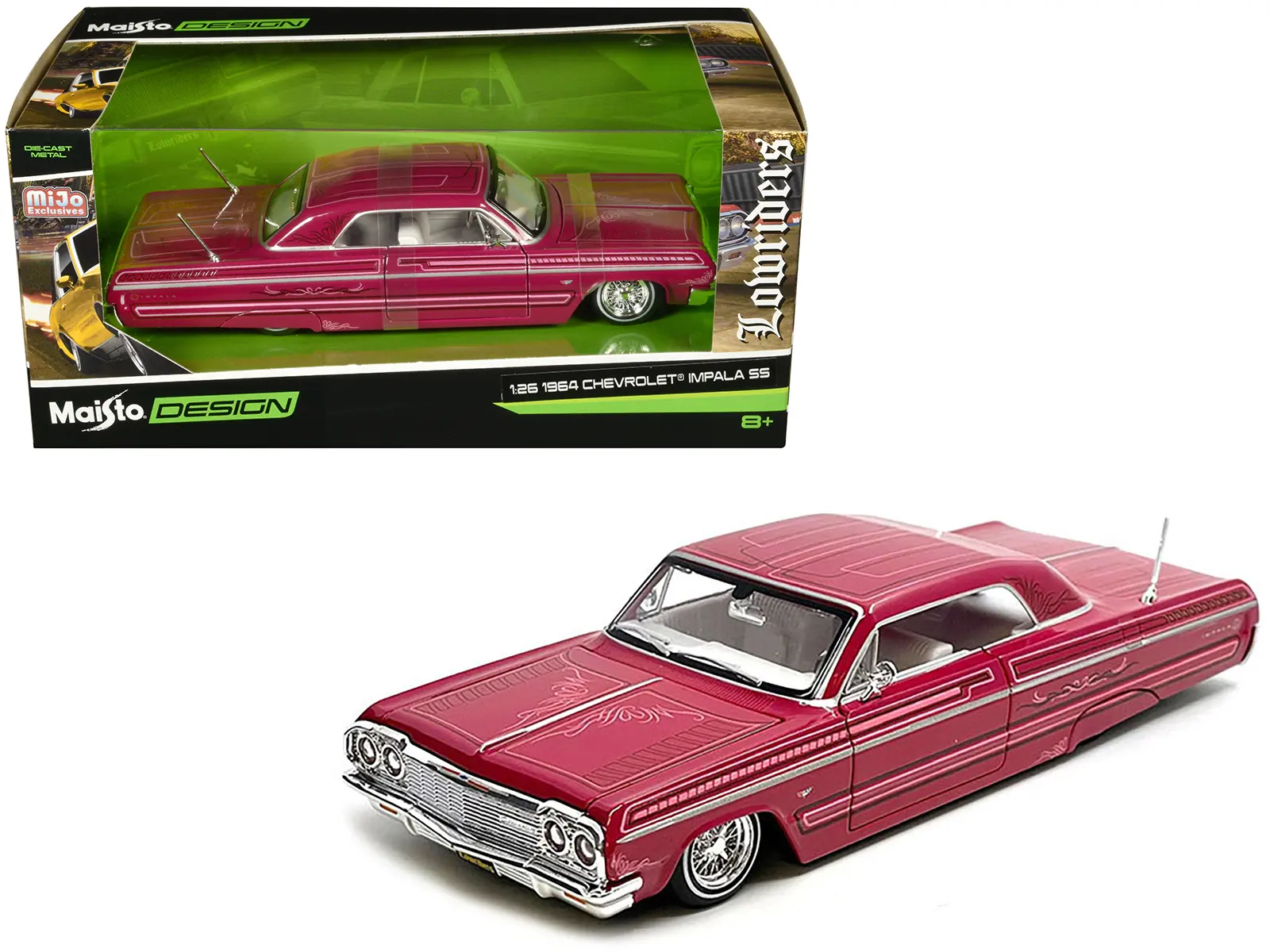 1964 Chevrolet Impala SS Lowrider Pink w/Graphics & White Interior "Lowriders" "Maisto Design" 1/26 Diecast Model Car by Maisto