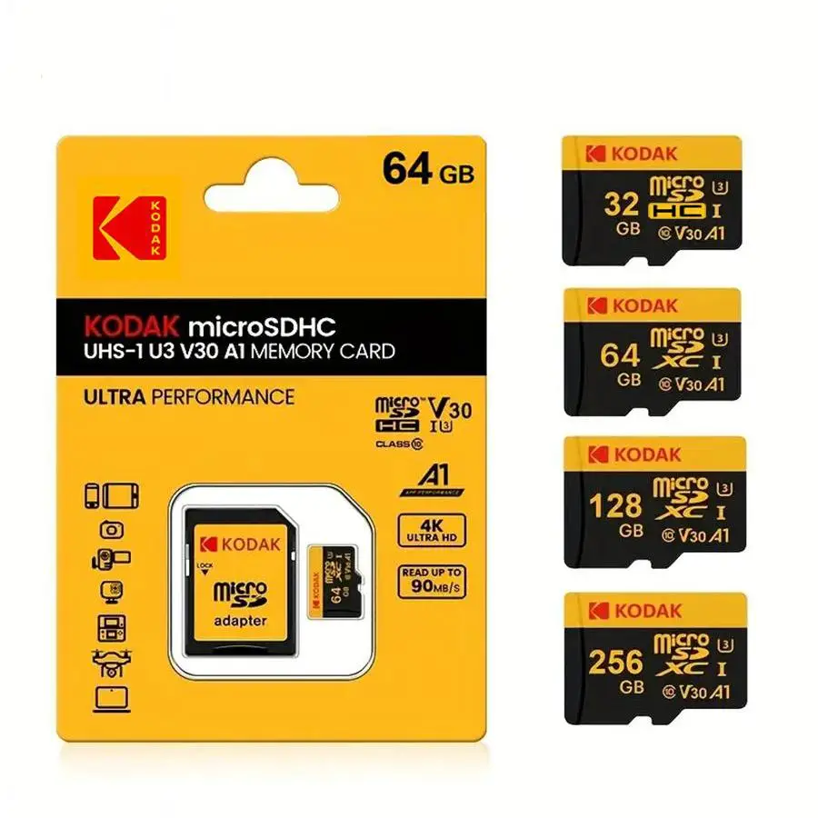 KODAK 32GB/64GB/128GB/256GB microSDXC Memory Card, U3, V30, 4K, A1, 90MB/s Micro High-speed SD Card TF Card, Storage Accessories for Speaker, Camera,