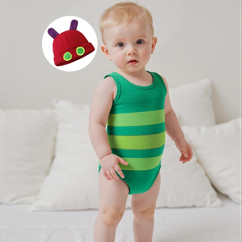 Toddler Newborn Baby Boy Girl Halloween Costume Caterpillar Costume Stripe Sleeveless Crewneck Romper + Hat 2Pcs Set My First Halloween Baby Boy Girl Outfit