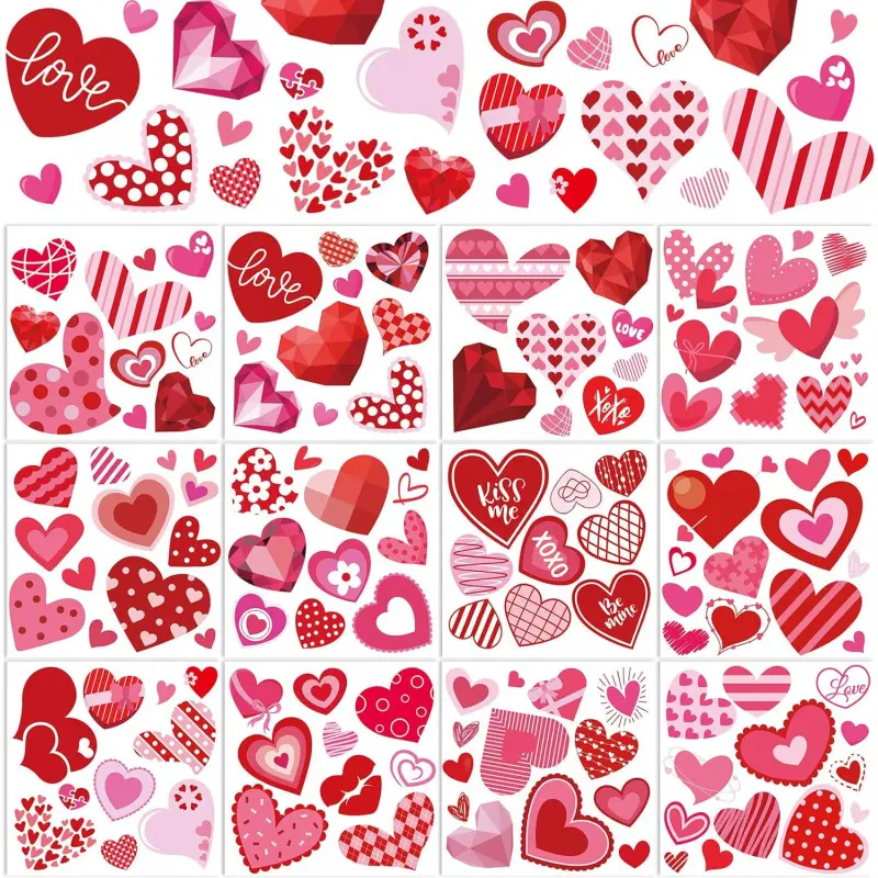 12 Sheets Valentine's Day Rub on Transfers Red Pink Assorted Heart Transfer Stickers Sweet Love Furniture Decals for Home Office Scrapbook Wood DIY Crafts, 5.9 x 5.9 Inch