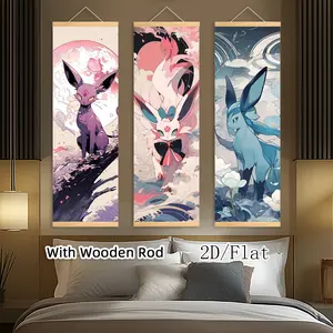 [2D-Flat]3pcs Exquisite Posters Canvas Wall Art Japanese Anime Wooden Scroll Hanging Painting, With Wooden Ord Art Decor HD Poster, Pattern for Living Room, Best Gift for Friends, Indoor-Outdoor Decor, Ink HD Fade-Resistant Art