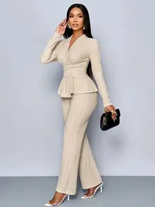 Women's Apricot Color Elegant V Neck Long Sleeve T-Shirt And Wide Leg Pants Two Piece Set, Asymmetrical Hem Two-Piece Outfits, Casual Daily Wear, Matching, Everyday, All Year Style, Loungewear, Stretchy