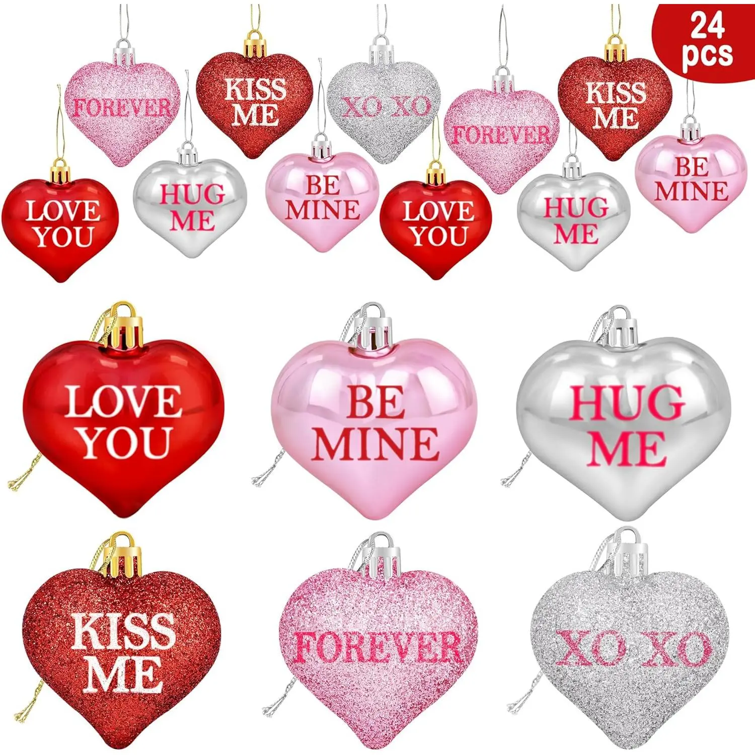 24 count Valentine's Day Glitter Heart Shaped Ornaments - Valentine Decorations - Red Pink  Heart Baubles for Home Tree
