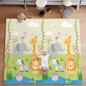 Baby Play Mat for Floor - 59X59 Inch Non-Slip Padded Activity Mat with Elephant, Giraffe, Lion, and Zebra Designs for Babies, Toddlers & Kids Playpen