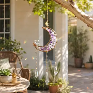 Crystal Sun Catcher Handmade Amethyst Moon Frame Suncatcher for Indoor Outdoor Decor Dreamy Light Shadow Effect Rainbow Maker Bless Gift