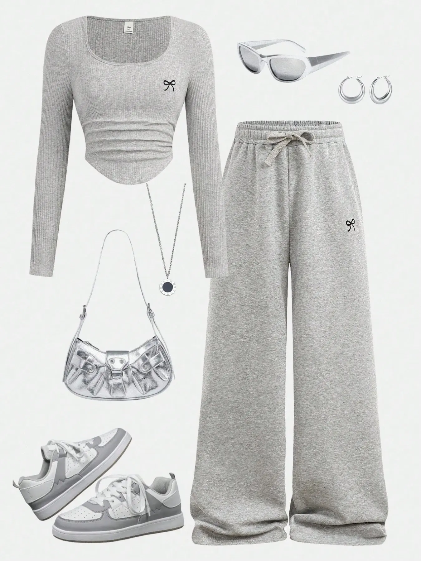 Teen Girls Spring Fall New Fashion Aesthetic Light Bow Print Square Neck Long Sleeve Gathered Top + Drawstring Wide Leg Pants Two-Piece Set Outfit
