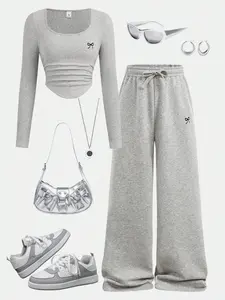 Teen Girls Spring Fall New Fashion Aesthetic Light Bow Print Square Neck Long Sleeve Gathered Top + Drawstring Wide Leg Pants Two-Piece Set
